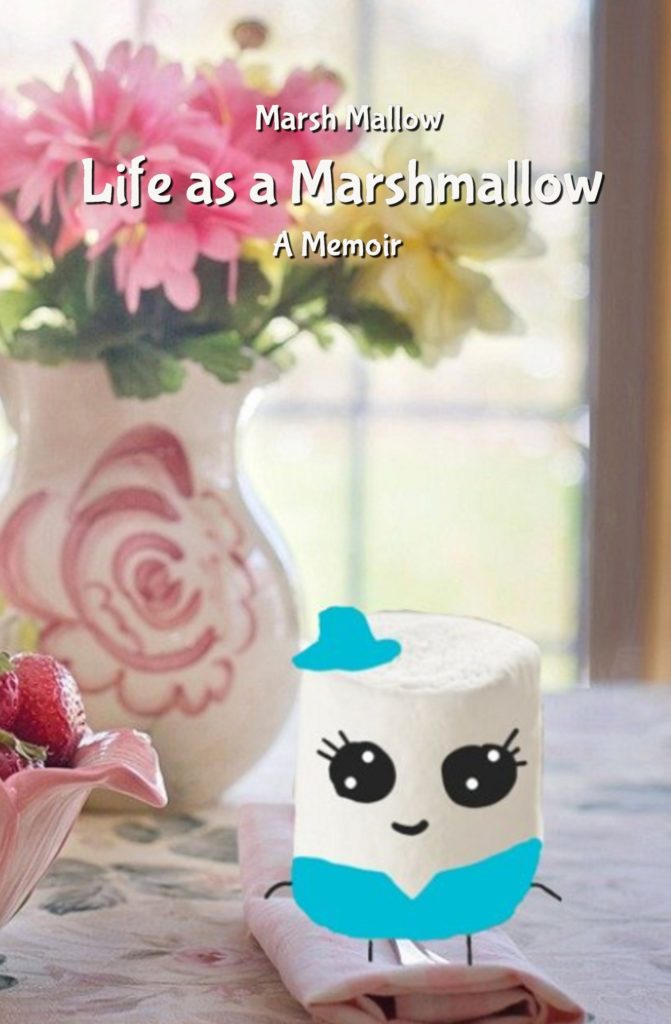 Image of an adorable marshmallow dressed in blue. They are standing on a napkin, next to a bowl of strawberries. A pink vase with a rose on the front and pink flowers in side is behind them.